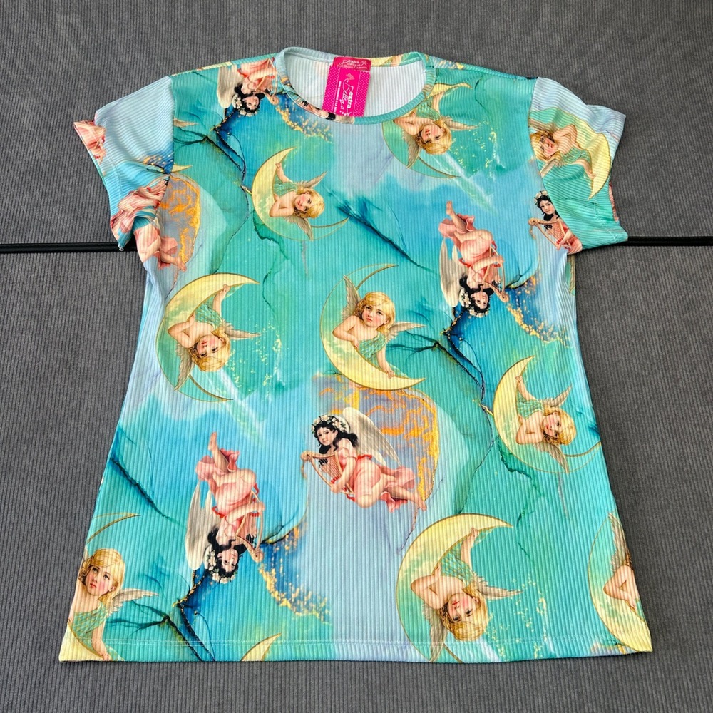 Cherub Moon Graphic Top Teal Ribbed Short Sleeve Shirt Extra Belleza